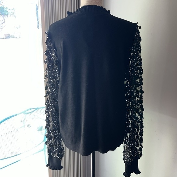Sioni Womens NWT Black Lace Flutter Hearts Sleeve Ruffle Mock Neck Sweater XL - Picture 4 of 7